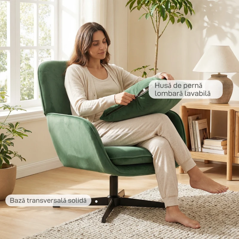 HOMCOM Fotoliu de Salon Rotativ 360° cu Pernă Lombară Detașabilă, Șezut Generos, Fotoliu Tapițat Modern din Catifea cu Cotiere, pentru Living, 73x83.5x85 cm, Verde
