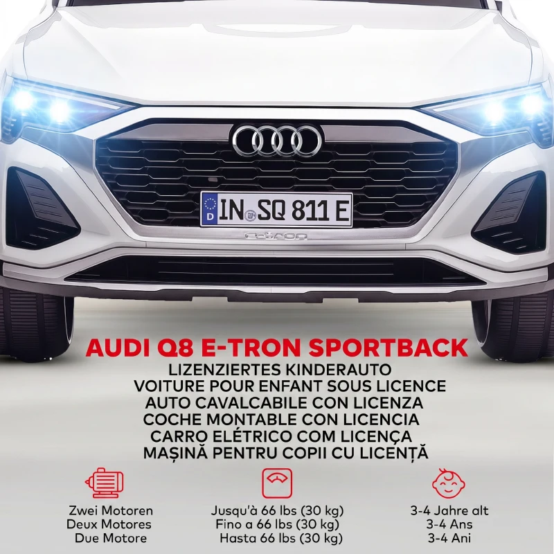 AIYAPLAY Elektro-Kinderauto, 12V Audi Q8, 3-5 km/h, Fernsteuerung, Scheinwerfer, Musik, Weiß
