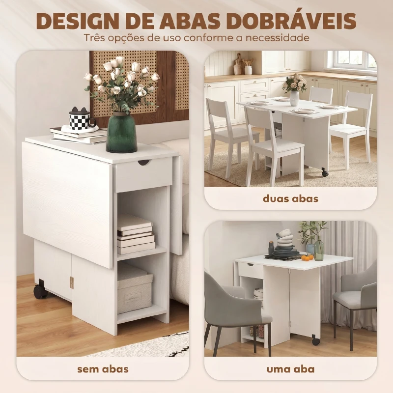 HOMCOM Mesa de Cozinha Dobrável com Rodas, Abas Rebatíveis, Gaveta e Prateleiras para 2-4 Pessoas 120x72x75 cm Branco