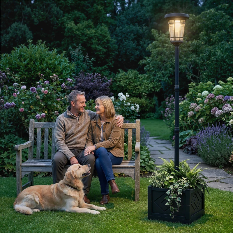 Outsunny Solar Laterne Stehleuchte mit Blumentopf 195cm Außen Gartenlaterne mit 2 Helligkeitsstufen Lichtsteuerung Schalter IP44