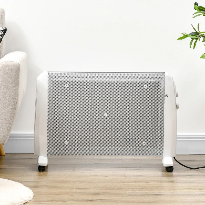 HOMCOM Radiator Electric Mică 1000W/2000W cu Termostat Reglabil, 15-20 m², 4 Roți, 79x27x54 cm, Alb