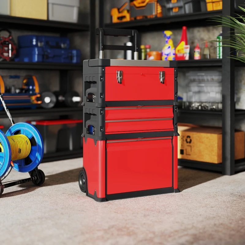 HOMCOM Lot de 3 boîtes à outils sur roulettes empilables et modulaires en acier avec plateau, poignées et serrure, rouge