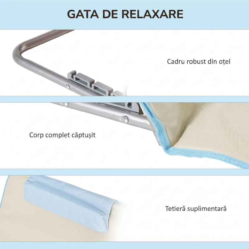 Outsunny Set 2 Șezlonguri de Plajă Pliabile cu Spătar Reglabil și Tetieră, 53x124x35-45 cm, Bej și Albastru