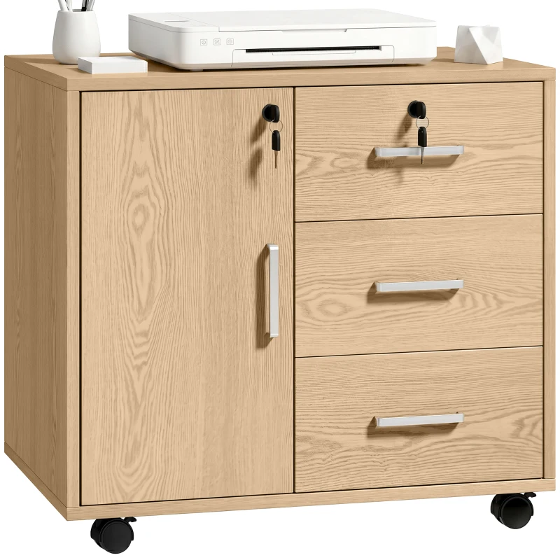 HOMCOM Caisson bureau meuble de rangement verrouillable avec 3 tiroirs et étagère réglable, roulettes, 40 x 60 x 56 cm, marron clair