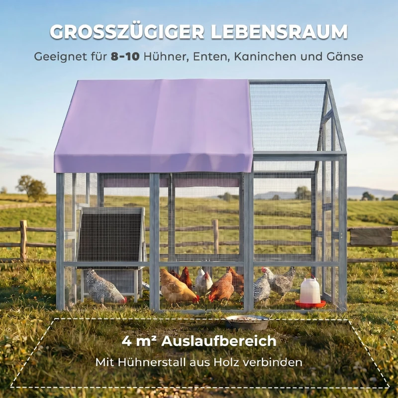 PawHut Hühnerstall mit wetterfestem Tuch 2 Nistkasten 2 Sitzstange für 8-10 Hühner Holz 211 x 186,5 x 185,5 cm Dunkelgrau
