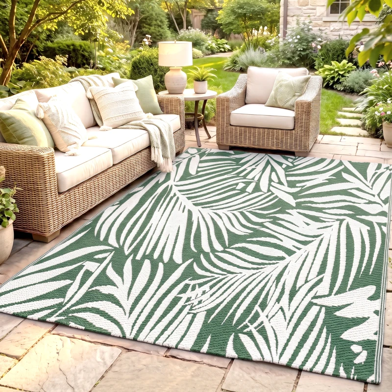 Outsunny Outdoor Teppich Wendbares Wetterfest Outdoorteppich Carpet mit Blätter-Muster, 152 x 243 cm Dunkelgrün