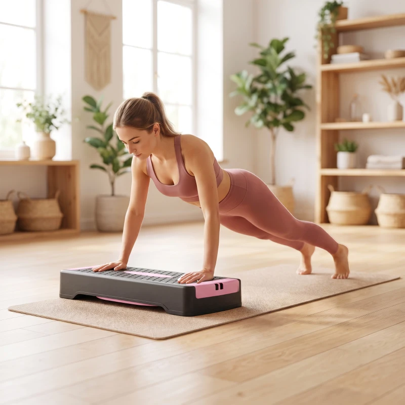 SPORTNOW Step Aerobic Reglabil pe 2 Niveluri cu 2 Benzi de Rezistență, Roz