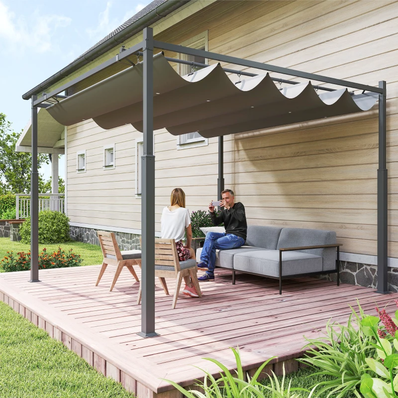 Outsunny Pérgola de Jardín 3x3 m con Techo Retráctil y Accesorio Magnético Protección UV30+ Columnas Metálicas y Ganchos Gris