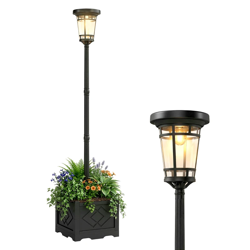 Outsunny Solar Laterne Stehleuchte mit Blumentopf 195cm Außen Gartenlaterne mit 2 Helligkeitsstufen Lichtsteuerung Schalter IP44