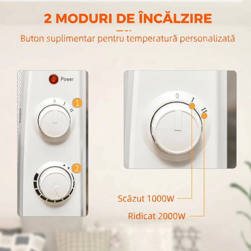 HOMCOM Radiator Electric Mică 1000W/2000W cu Termostat Reglabil, 15-20 m², 4 Roți, 79x27x54 cm, Alb