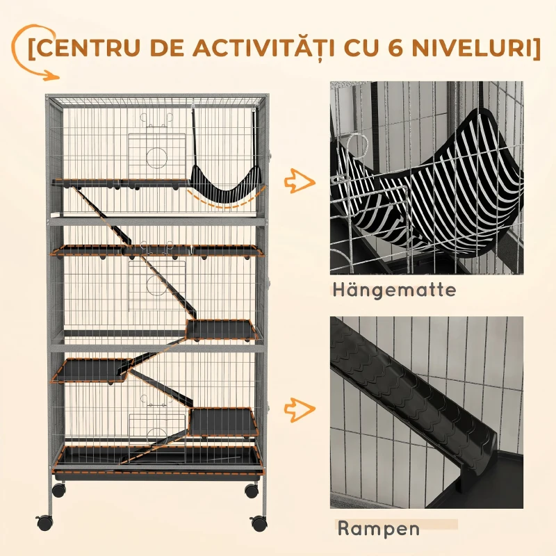 PawHut Cușcă pentru Iepuri cu 4 Intrări pe Niveluri Multiple cu Hamac, din Oțel și PP, 80x52x159 cm