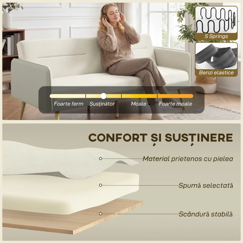 HOMCOM Canapea extensibilă 3 locuri cu spătar rabatabil și tapițerie cu efect de catifea, 185x84x83 cm, bej