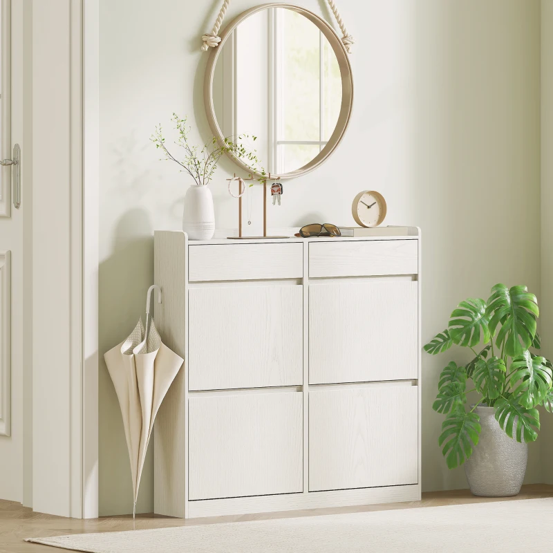 HOMCOM Dulap de Pantofi Slim din Lemn cu 4 Sertare Rabatabile și 2 Sertare Glisante, 98x19,2x95,3 cm, Alb