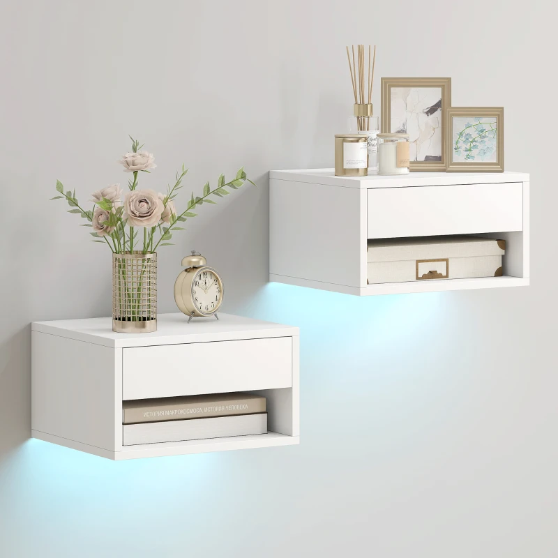 HOMCOM Lot de 2 tables de chevet suspendues avec éclairage LED RGB contrôle par application, étagère, tiroir, 37x32x21cm, blanc