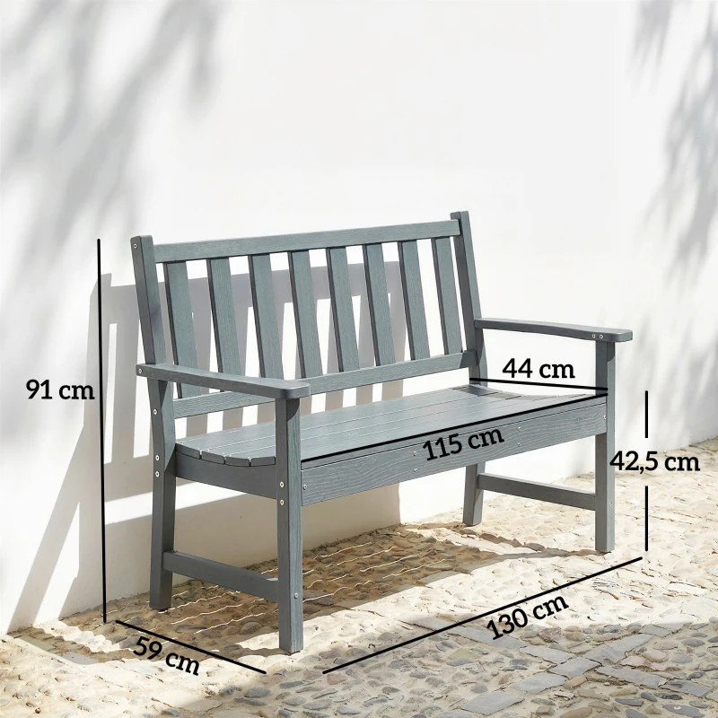 Outsunny Gartenbank 2-Sitzer wetterfest Kunststoff Outdoor Sitzbank mit Lamelldesign Holzoptik Rückenlehne Grau