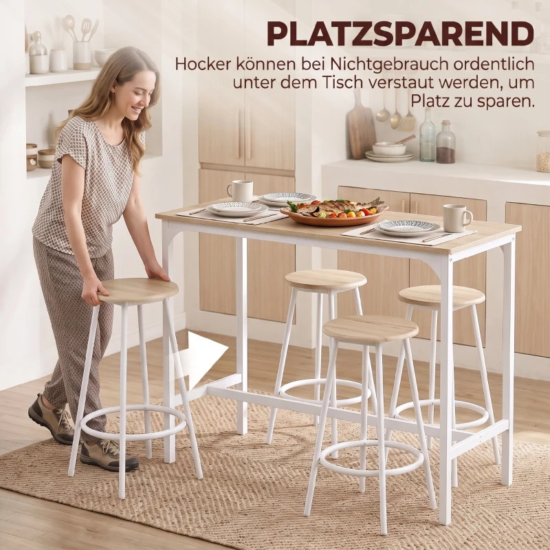 HOMCOM 5-teiliges Bartisch-Set für 4 Personen, Industrieller Stehtisch mit Hockern für Küche & Esszimmer, Eiche