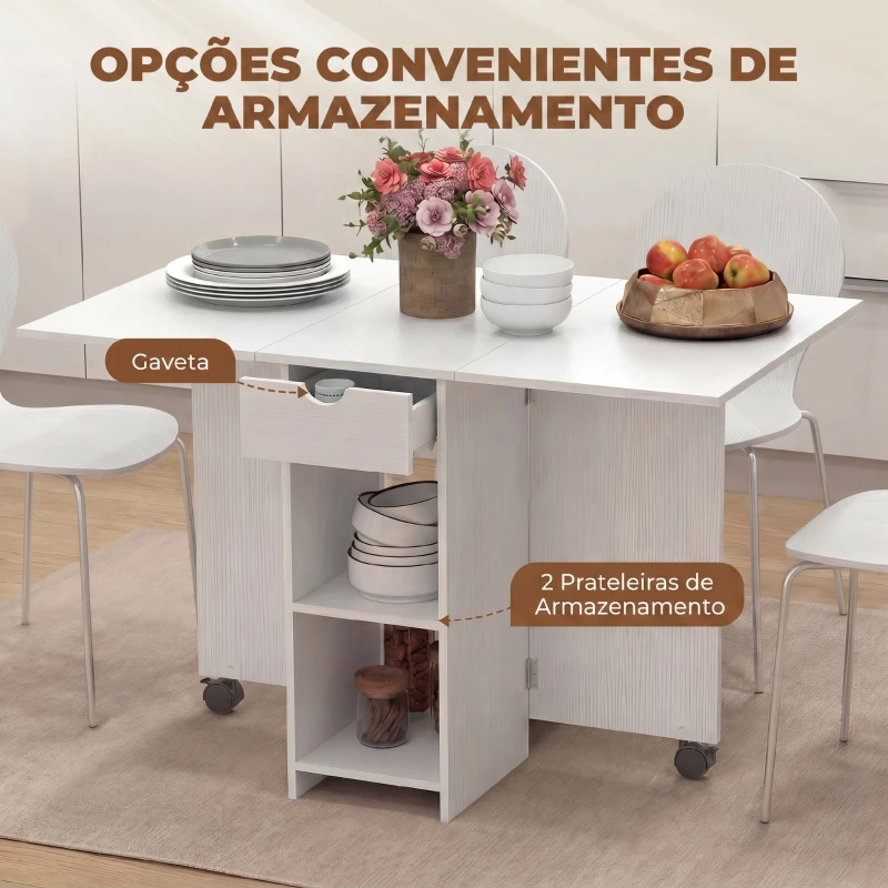 HOMCOM Mesa de Cozinha Dobrável com Rodas, Abas Rebatíveis, Gaveta e Prateleiras para 2-4 Pessoas 120x72x75 cm Branco