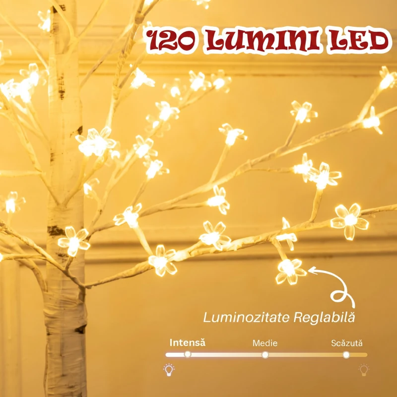 HOMCOM Copac Di Betulla Con 120 Lumini Led Înalt 150cm 3 Niveluri Luminosità Alb
