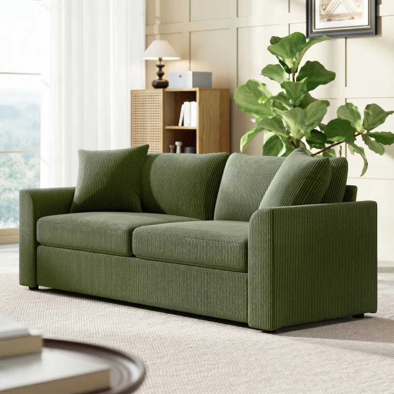 HOMCOM Sofá de 3 Plazas Tapizado en Pana con 2 Almohadas Reposabrazos y Cojín de Muelles 212x80x88 cm Verde
