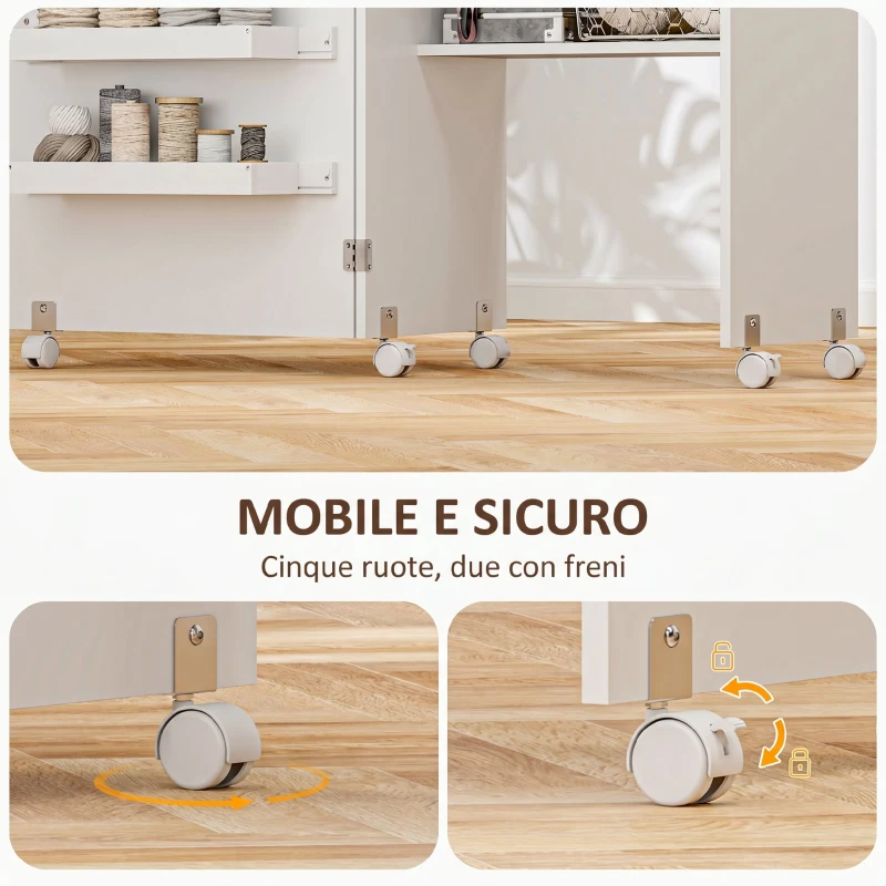 HOMCOM Mobile per Macchina da Cucire Pieghevole con Piano Ampio, 3 Contenitori, Mensola Inferiore, Ruote, Bianco