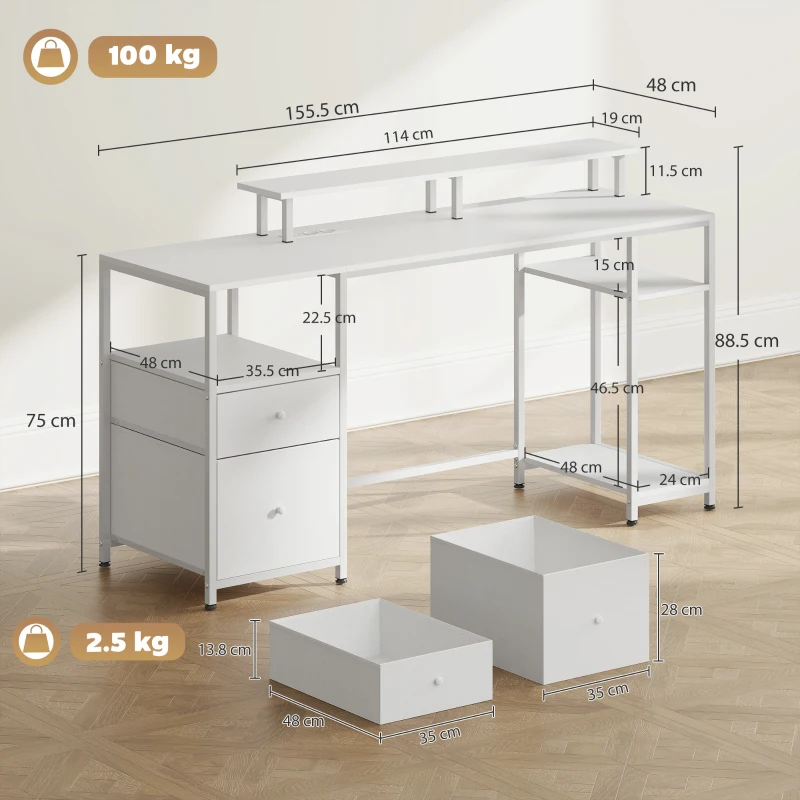 HOMCOM Masă de birou cu lumini LED, sertare, prize, porturi USB și suport pentru monitor 155,5x48x88,5 cm Alb