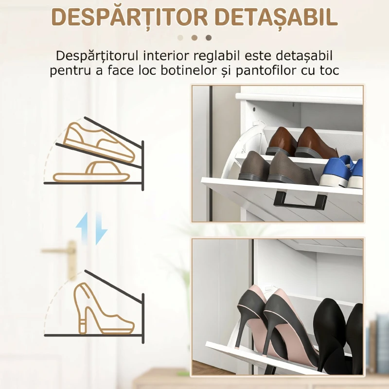 HOMCOM Dulap Modern pentru Pantofi cu 2 Sertare Rabatabile, Capacitate 10 Perechi și Raft Reglabil, 54x24x82,5 cm, Alb