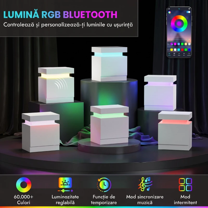 HOMCOM Noptieră cu lumină LED RGB, 2 sertare, 4 moduri de iluminare și 16 culori, din lemn, 45x35x52 cm, Alb