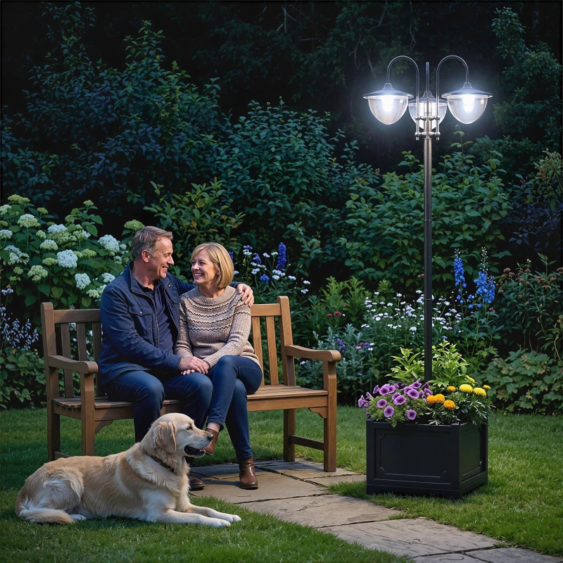 Outsunny Zonneverlichting met bloempotvoet tuinlamp 3-kops lamp waterdicht