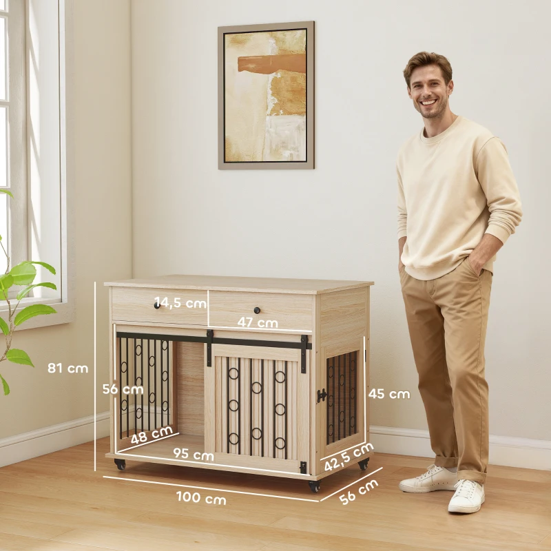 PawHut Jaula para Perros Medianos y Grandes Mesa Auxiliar Moderna con 2 Cajones 2 Puertas y Cierre 100x56x81 cm Roble