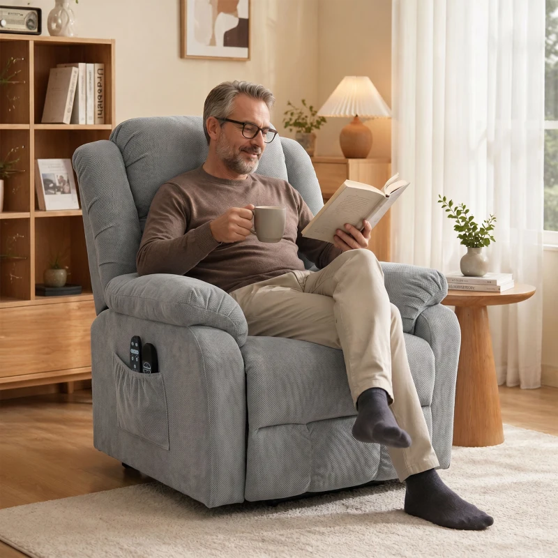 HOMCOM Aufstehsessel mit Massagefunktion und Lendenheizung, Recliner-Sessel mit Fernbedienungen und Seitentaschen, Hellgrau