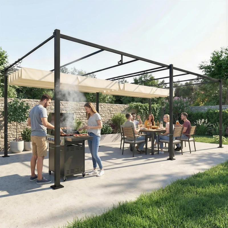 Outsunny Pérgola de Jardín 6x3 m con Techo Retráctil Protección UPF50+ Drenaje Cenador de Jardín para Patio Exterior Crema