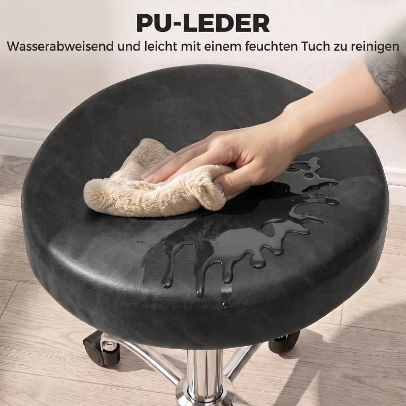 HOMCOM Rollhocker aus PU-Leder, höhenverstellbarer Salonhocker mit gepolsterter Sitzfläche, drehbarer Beautyhocker auf Rollen