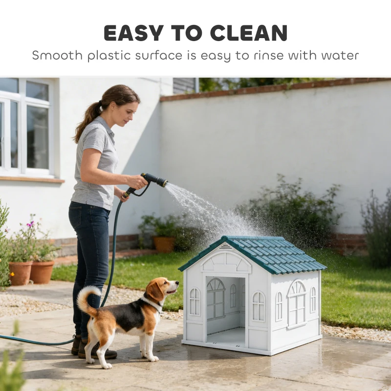 Plastic Weather-Resistant Dog House, for Indoors and Outdoors, Medium Dogs - White and Blue