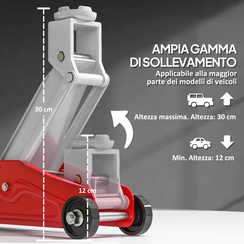 HOMCOM Cric Idraulico con Sollevamento 12-30 cm e Capacità 2 Tonnellate, in Acciaio Rinforzato, Rosso e Grigio