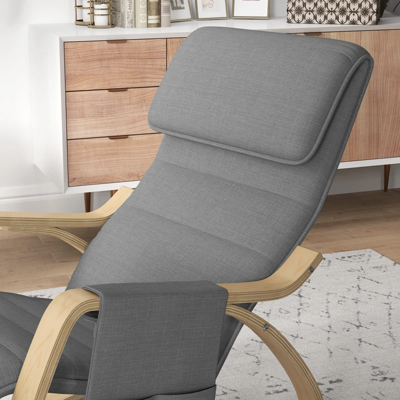 HOMCOM Silla Mecedora con Reposapiés Ajustable en 5 Posiciones Bolsillo Lateral Reposabrazos de Madera Reposacabezas Gris