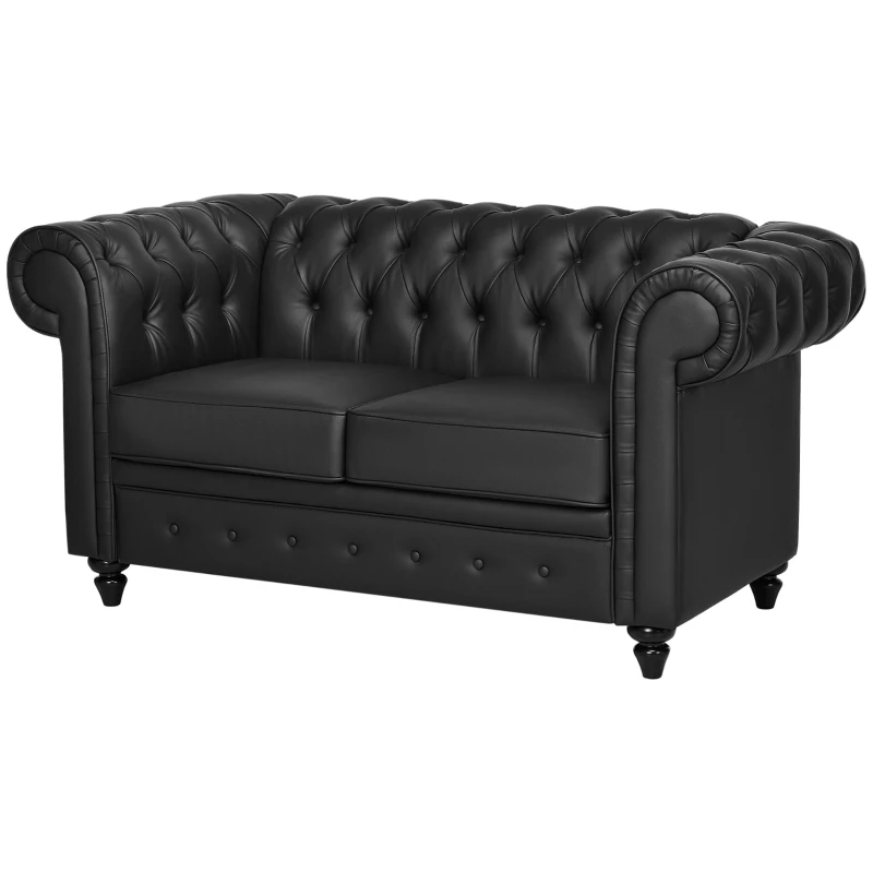 HOMCOM Canapea cu 2 Locuri Stil Chesterfield, PU, Lemn Masiv, 160 x 84 x 80 cm, Negru(m-22)