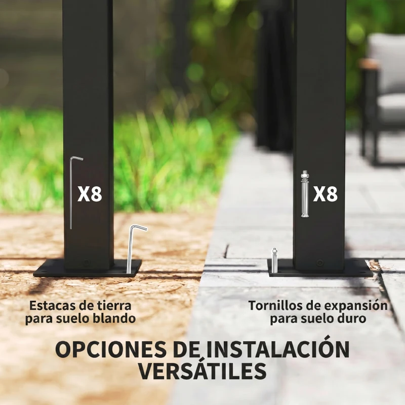 Outsunny Pérgola con Techo Retráctil 4x3 m Cenador con Paredes Laterales Anti-UV Resistente al Agua para Jardín Patio Gris Oscuro