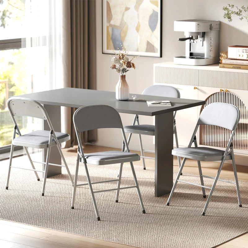 HOMCOM Lot de 4 chaises pliantes et portables intérieur avec assises et dossiers rembourrés en velours, cadre en acier, gris clair