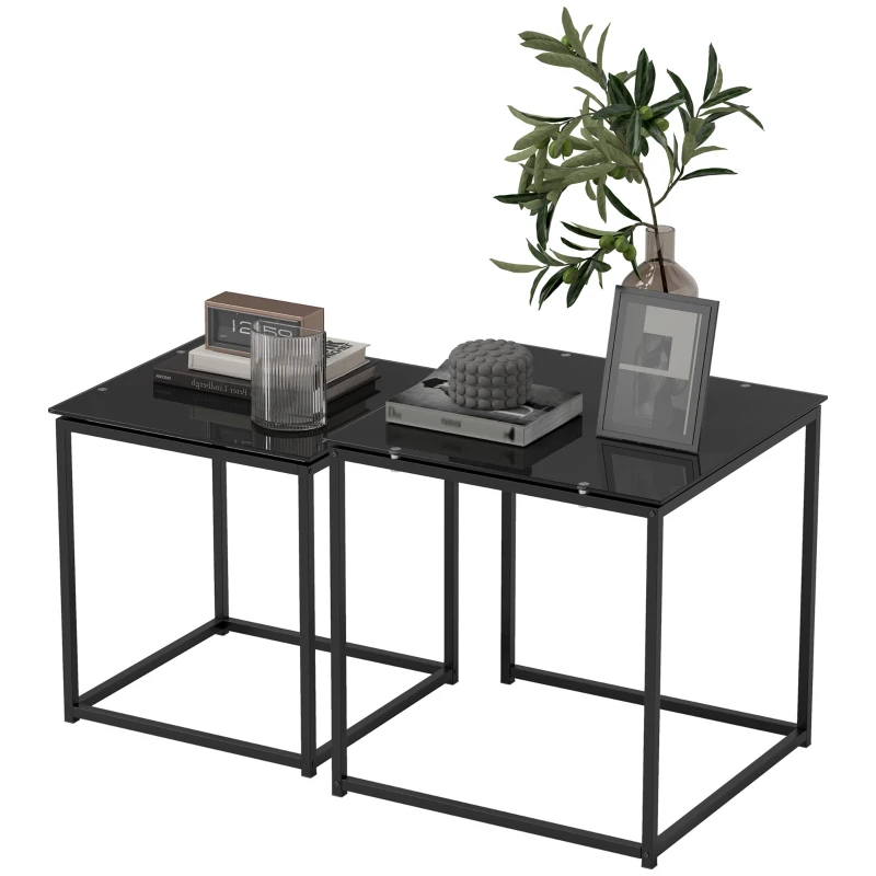 HOMCOM Set van 2 moderne stapelbare zwarte glazen bijzettafels