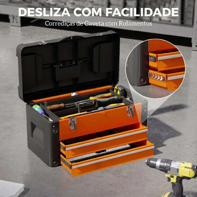 HOMCOM Mala de Ferramentas Resistente com 2 Gavetas e Asa de Transporte, Laranja