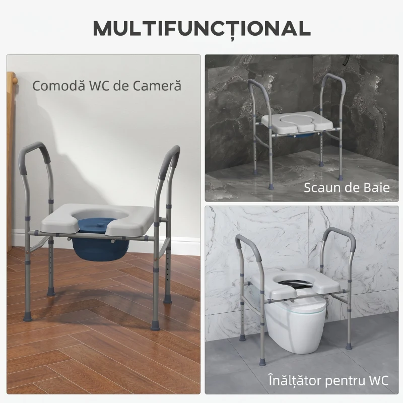 HOMCOM Scaun comod WC pentru vârstnici și persoane cu dizabilități 4 în 1 reglabil pe înălțime, cu brațe capitonate, gri