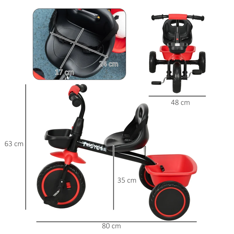 AIYAPLAY Kinderdriewieler met heupgordel, 2 manden, verstelbare zitting, metalen frame, voor kinderen van 2-5 jaar, zwart+rood.