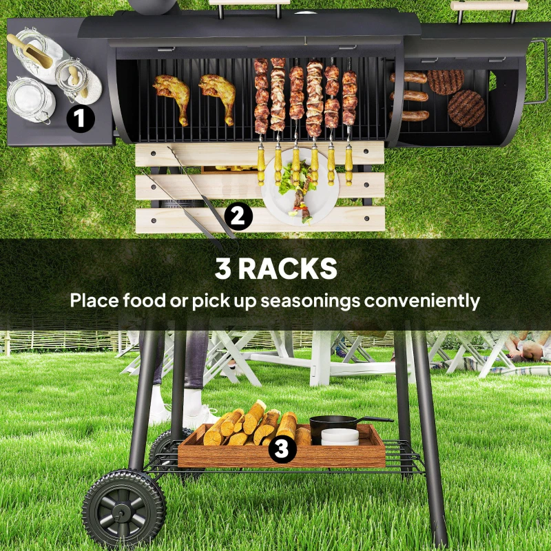 Outsunny Smoker Grill BBQ Holzkohlengrill Grillwagen Multifunktion mit 2 x Brennkammer Schornstein Metall + Tannenholz Schwarz 124 x 53 x 104 cm