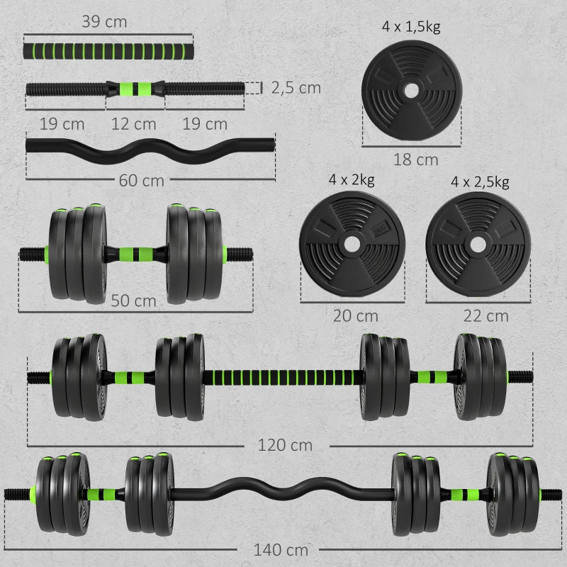 SPORTNOW Verstelbaar halterset 25 KG dumbbells Halterstang EZ-Curlstang voor krachttraining