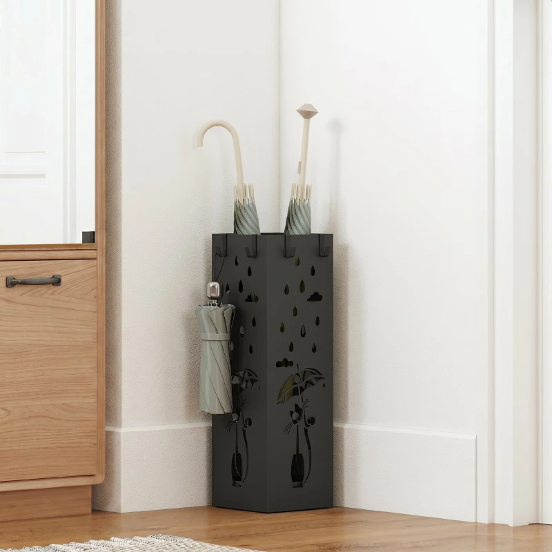 HOMCOM Suport de Umbrele Pătrat din Metal pentru Intrare, Suport Autoportant cu Tavă Detașabilă și 4 Cârlige, pentru Interior și Exterior, 15.5x15.5x49 cm, Negru