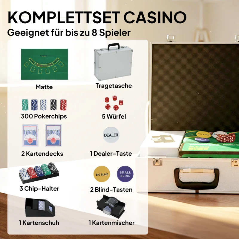 SPORTNOW Poker-Set, 300 Chips, Dobbelstenen, 2 Kaartspellen, Accessoires, Koffer, voor 8 Spelers