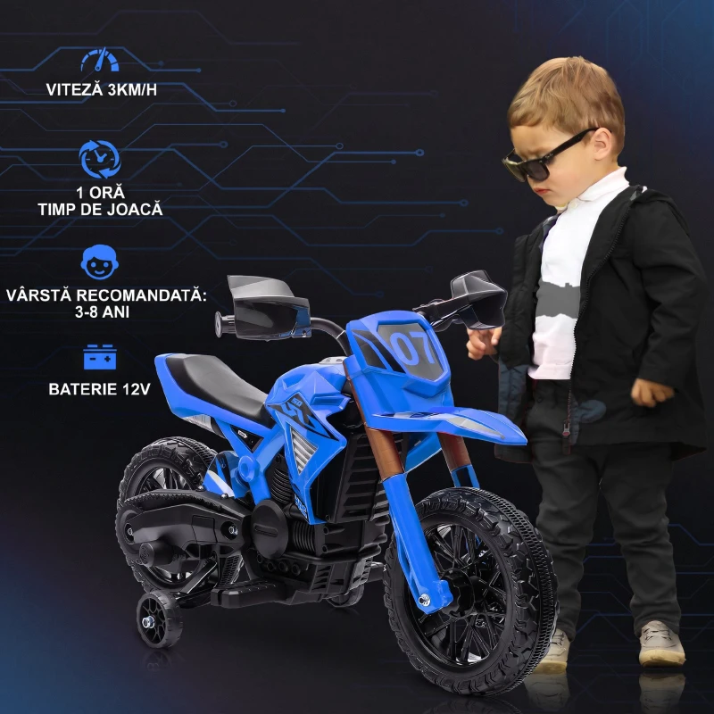 AIYAPLAY Motocicletă electrică pentru copii 3-8 ani, cu 2 motoare 12V, roți ajutătoare și claxon, 3 km/h, 30 kg, albastru