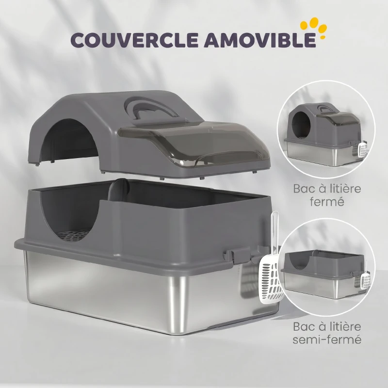 PawHut Maison de Toilette pour Chat avec Couvercle Amovible et Fermé, Côtés Hauts, 60,5x40,5x45cm, Gris Foncé