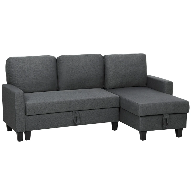 HOMCOM Divan Pat cu 3 Locuri și Chaise și Spațiu de Depozitare, din Țesătură cu Efect de Lin, 197x129x85 cm, Gri Antracit