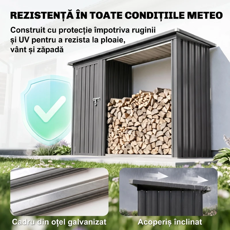 Outsunny Magazie pentru Lemne cu Acoperiș Înclinat, 235x67x149 cm, Gri Închis